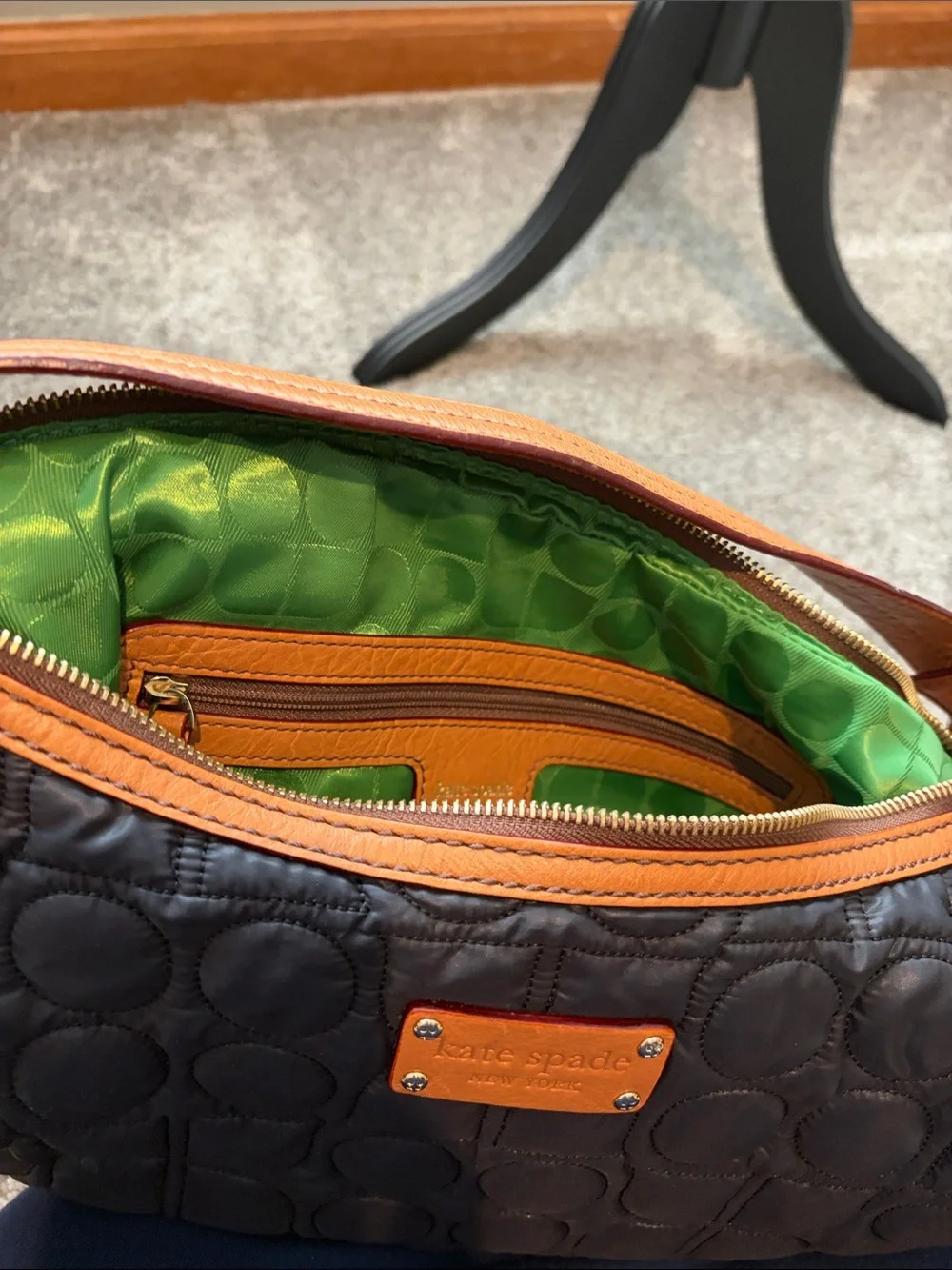 kate spade Black Quilted Shoulder Bag with Tan Leather Trim